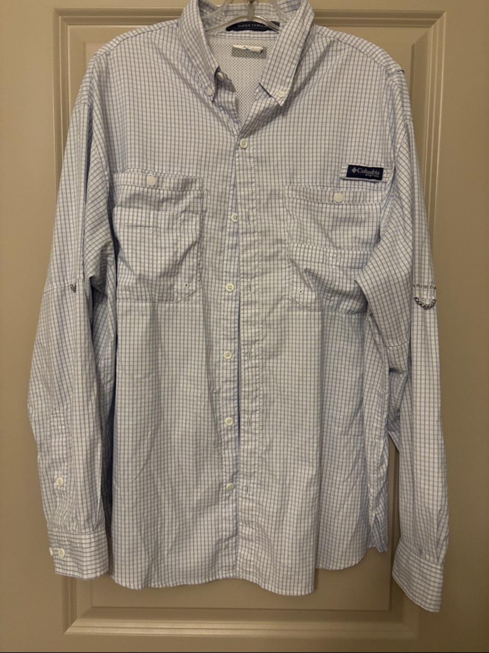 Columbia Super Tamiami White and Light Blue Windowpane Button-Down Shirt Size XL